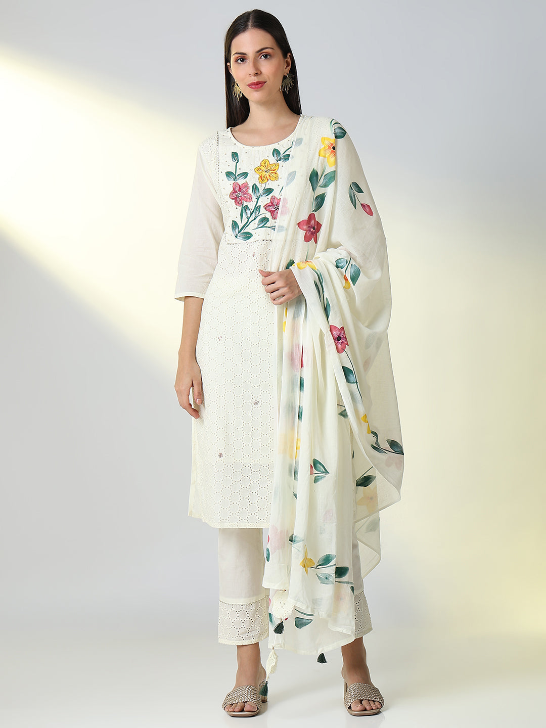 Women Cream Floral Straight Kurta Set with Dupatta