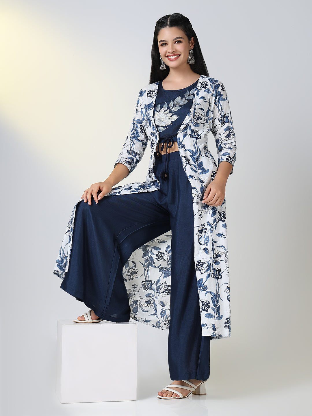 Women Navy Blue Floral Straight Kurta Set with Overcoat