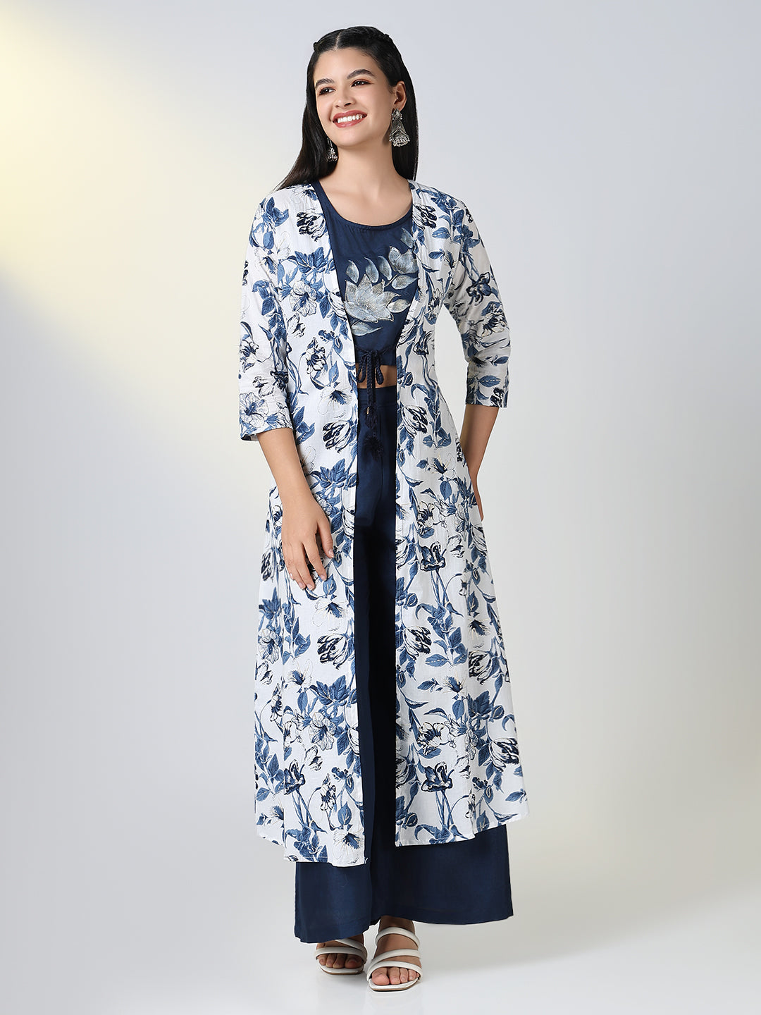 Women Navy Blue Floral Straight Kurta Set with Overcoat