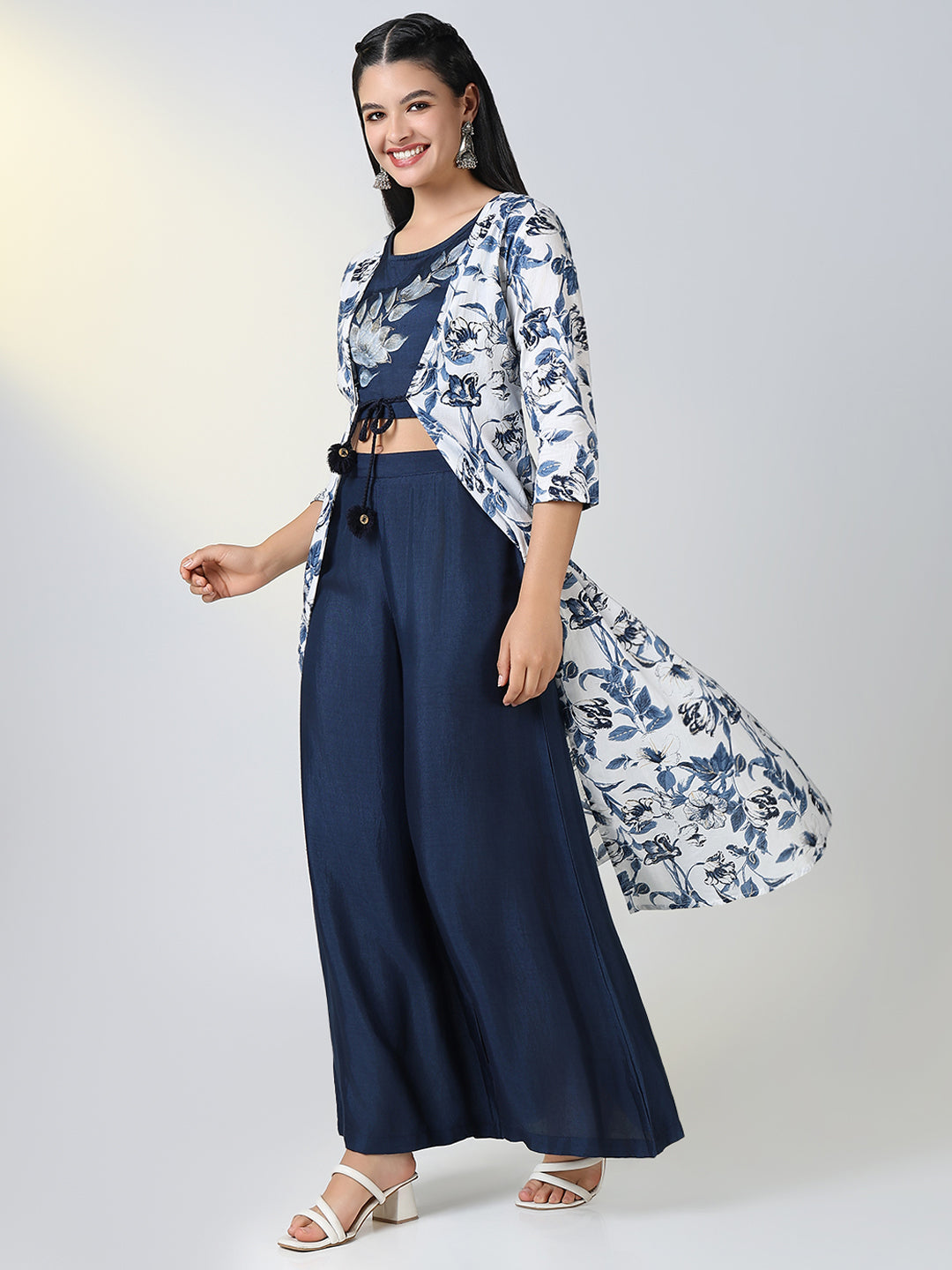 Women Navy Blue Floral Straight Kurta Set with Overcoat