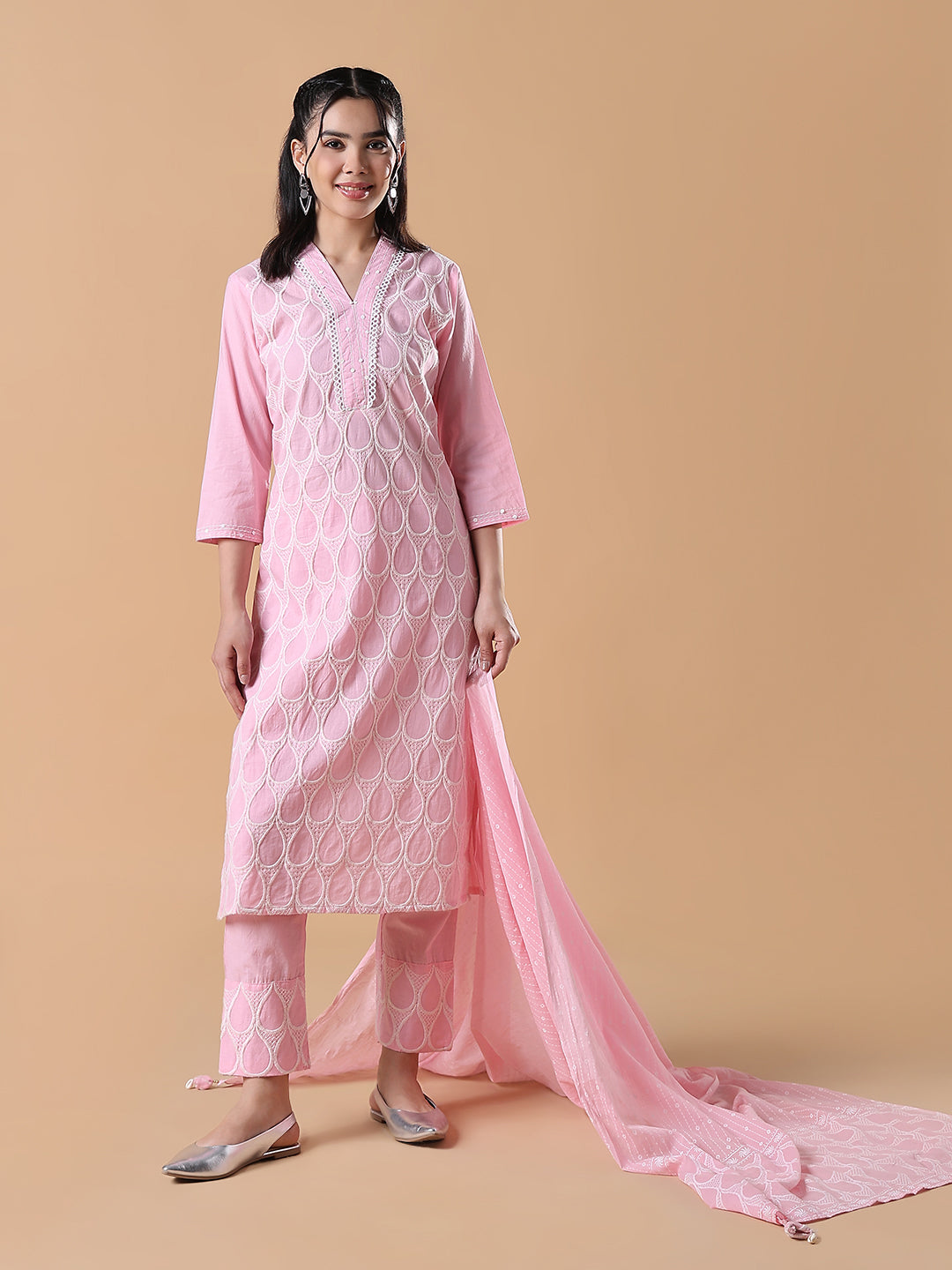 Women Abstract Straight Thread Work Pink Kurta Set with Dupatta