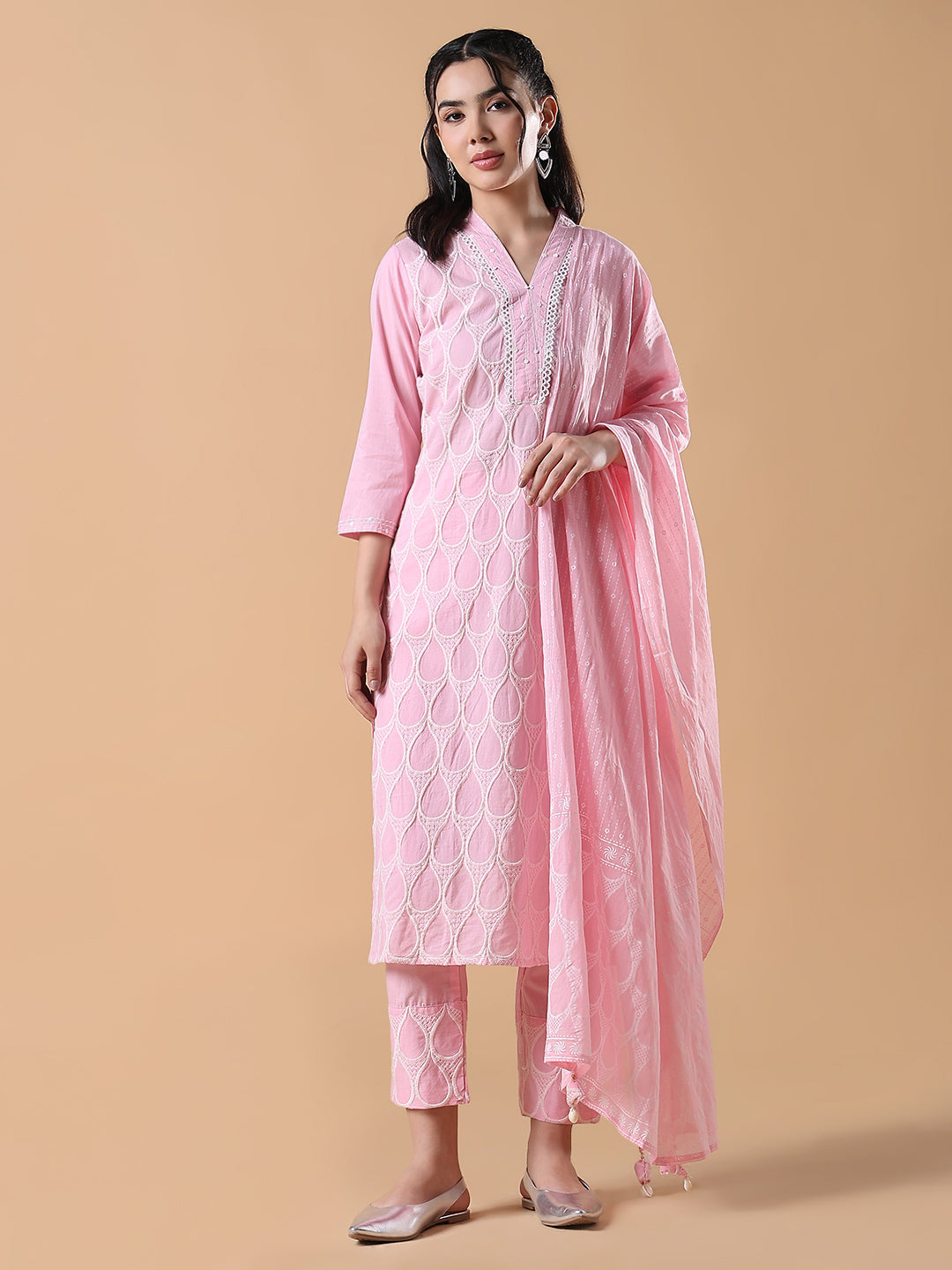 Women Abstract Straight Thread Work Pink Kurta Set with Dupatta