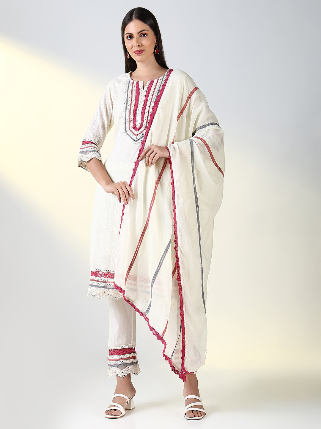 Women Off White Solid Straight Kurta Set with Dupatta