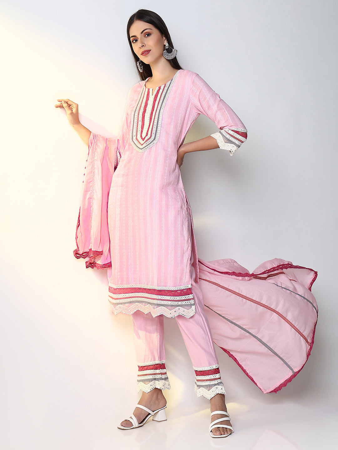 Women Pink Solid Straight Kurta Set with Dupatta