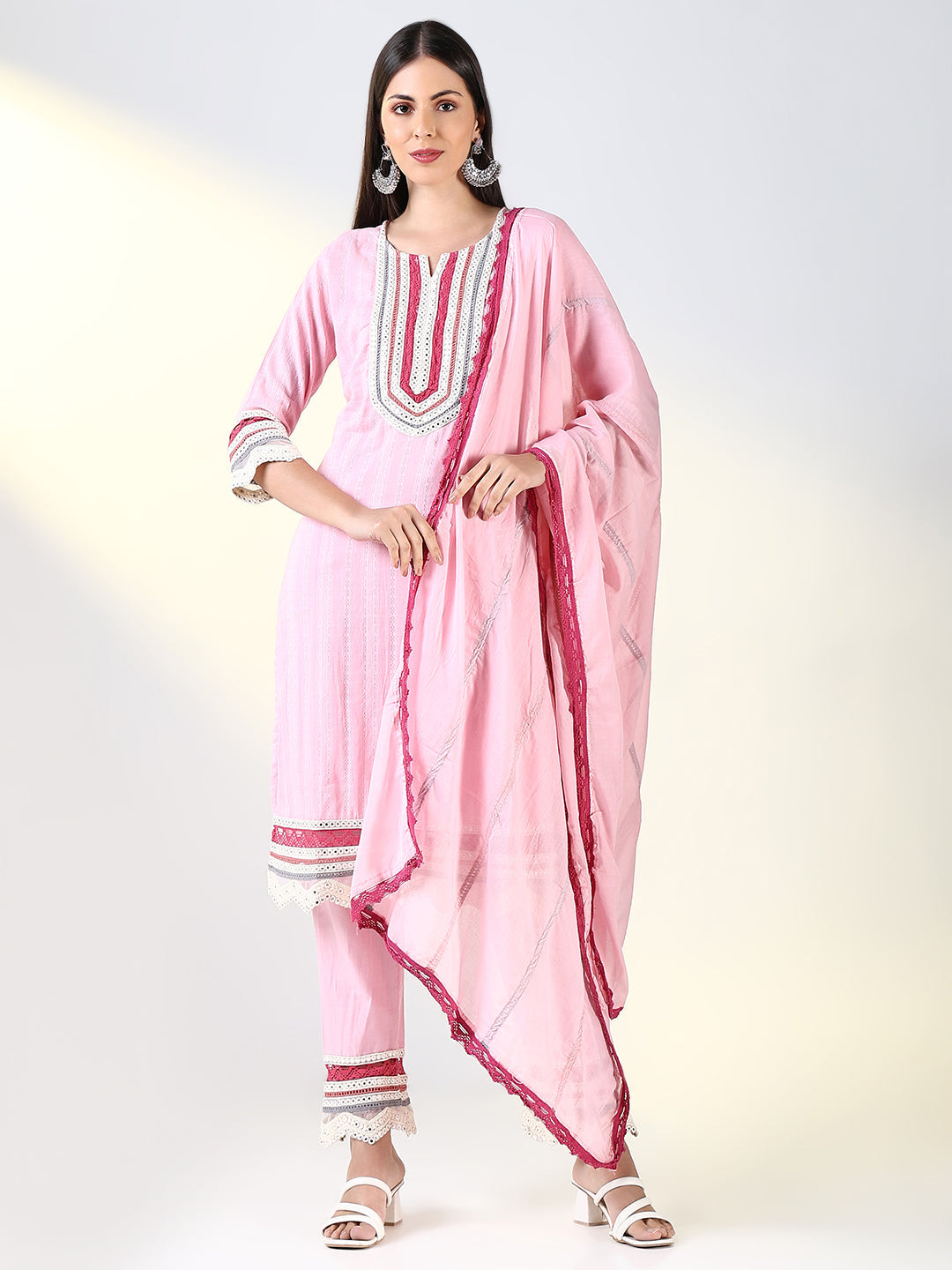 Women Pink Solid Straight Kurta Set with Dupatta