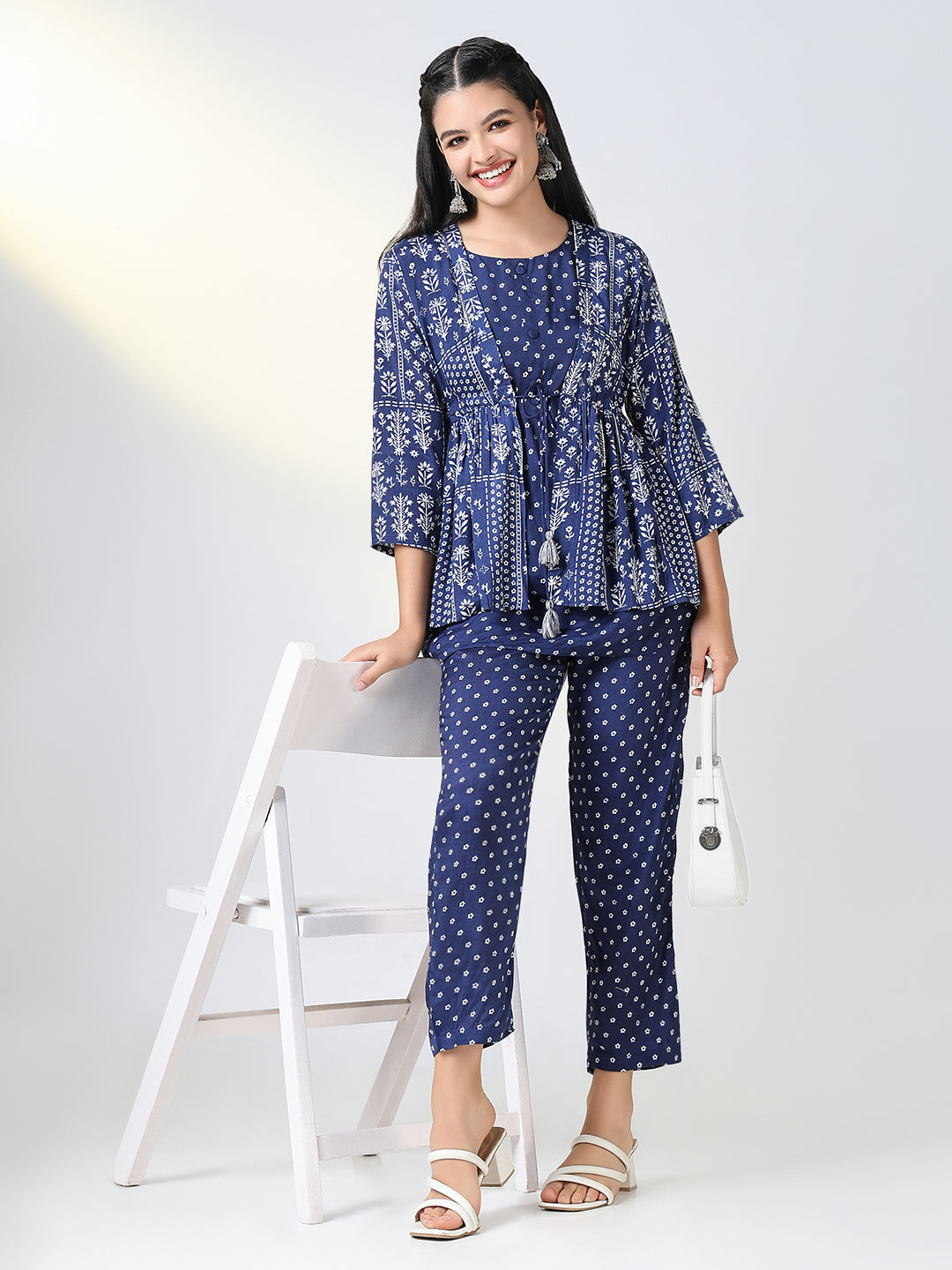 Women Navy Blue Printed Co Ords Set with Overcoat