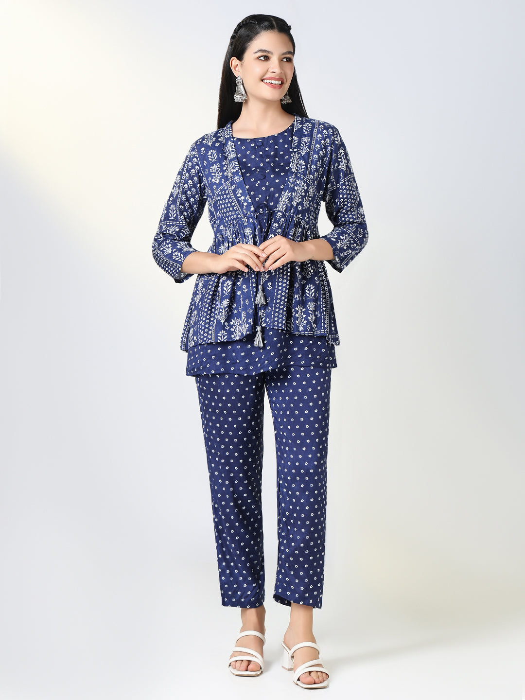 Women Navy Blue Printed Co Ords Set with Overcoat