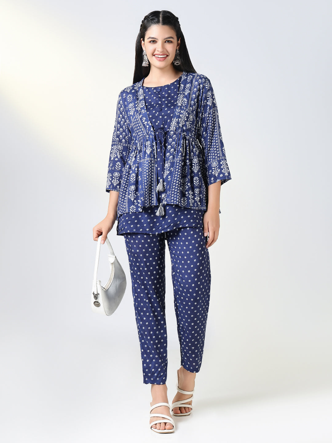 Women Navy Blue Printed Co Ords Set with Overcoat