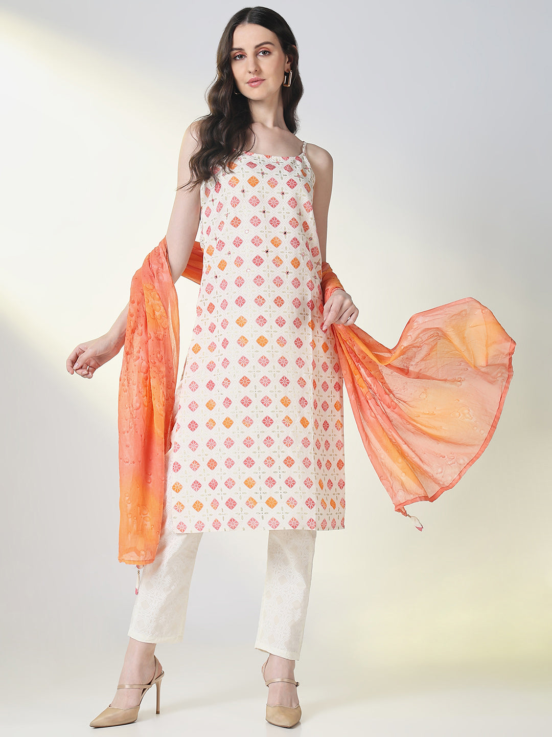 Women Cream Graphic Straight Kurta Set with Dupatta