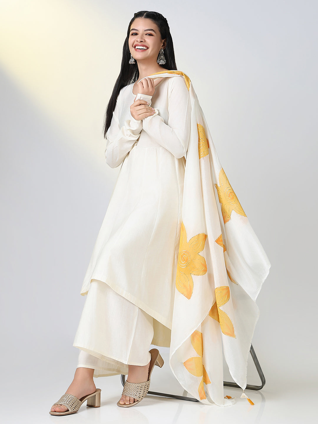 Women Cream Solid A Line Kurta Set with Dupatta