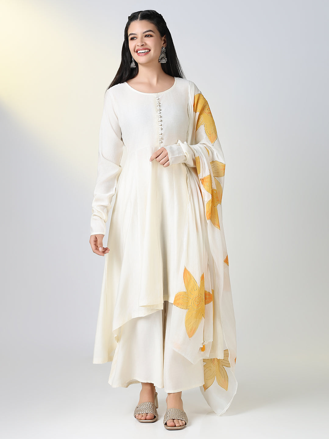 Women Cream Solid A Line Kurta Set with Dupatta