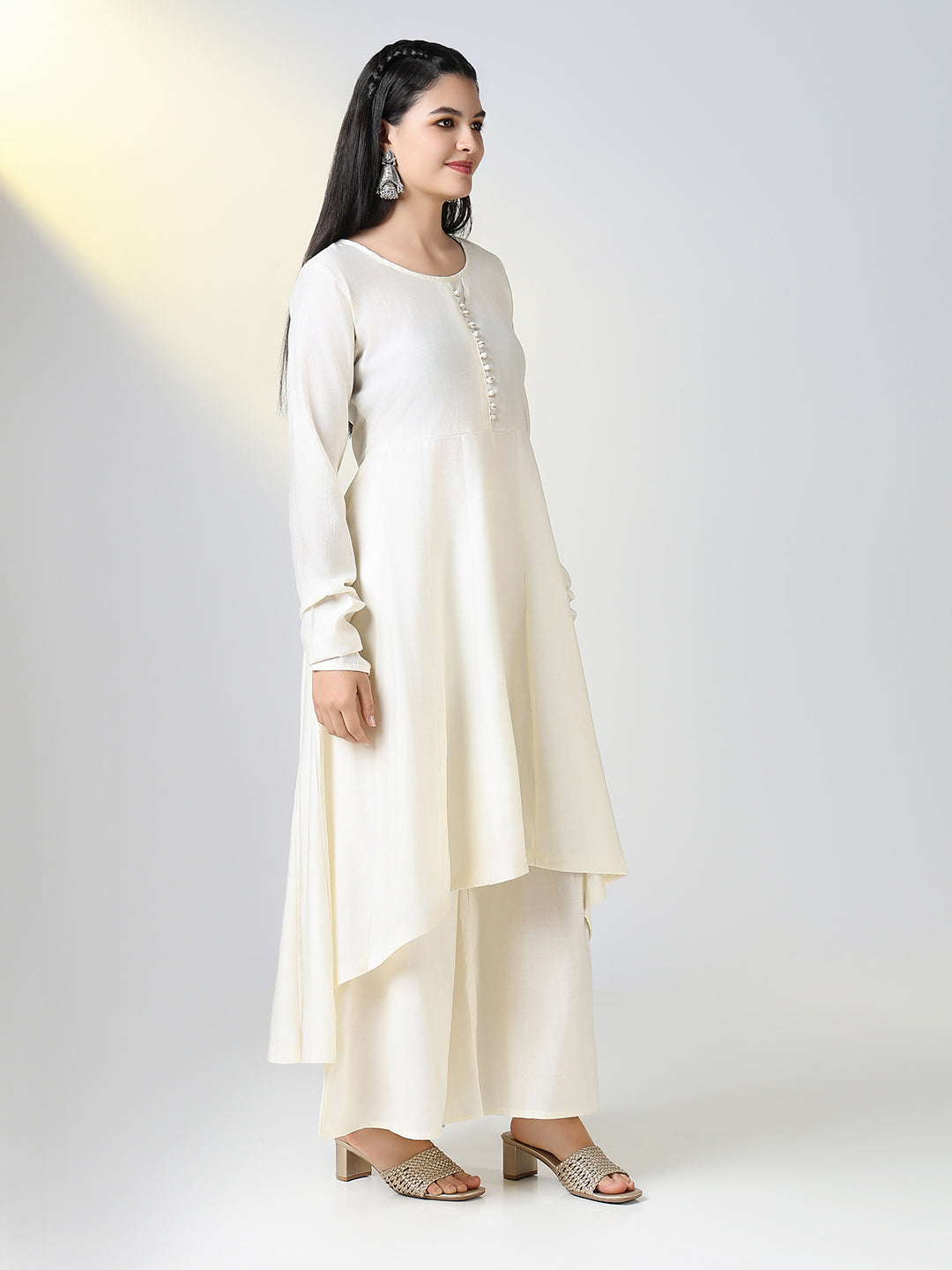 Women Cream Solid A Line Kurta Set with Dupatta