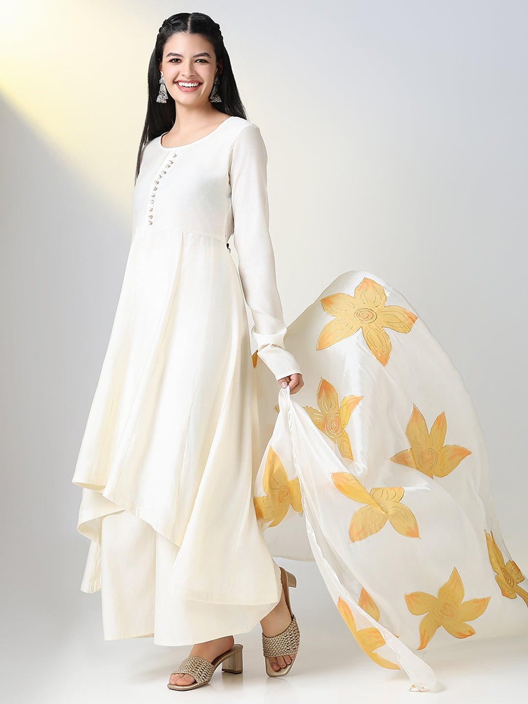 Women Cream Solid A Line Kurta Set with Dupatta