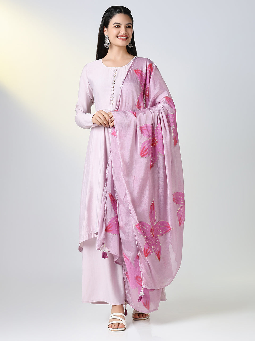 Women Lavender Solid A Line Kurta Set with Dupatta