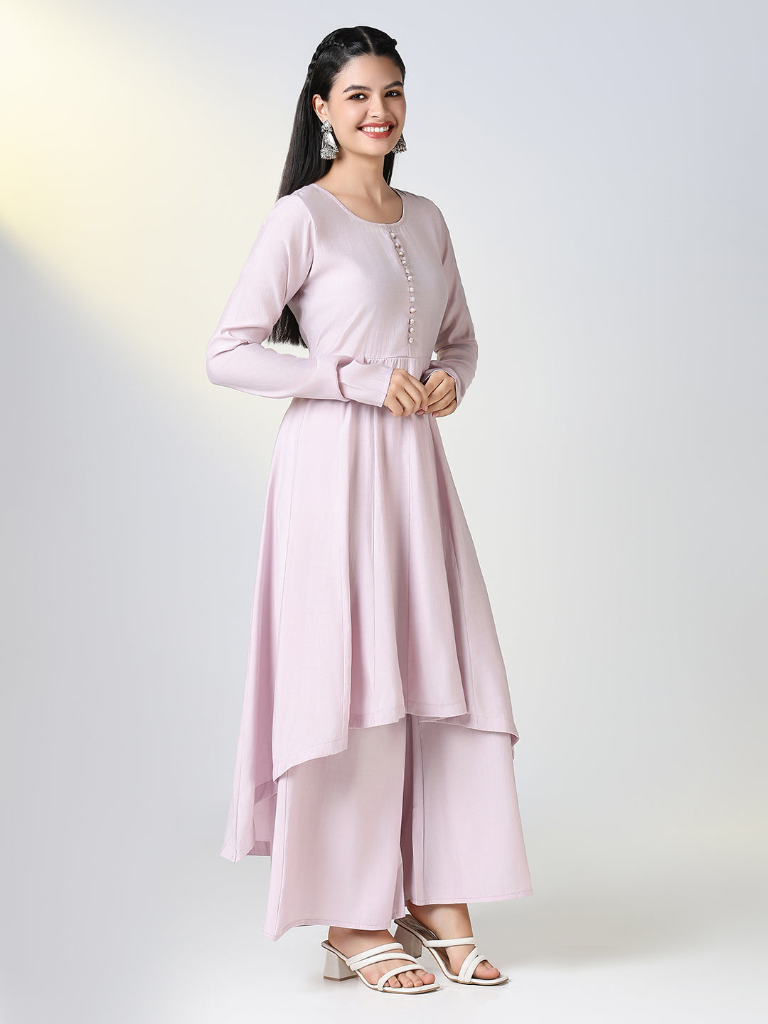 Women Lavender Solid A Line Kurta Set with Dupatta