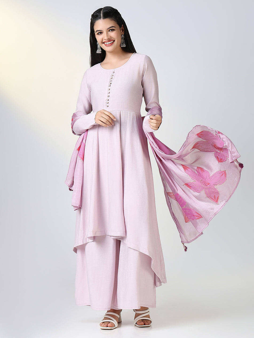 Women Lavender Solid A Line Kurta Set with Dupatta