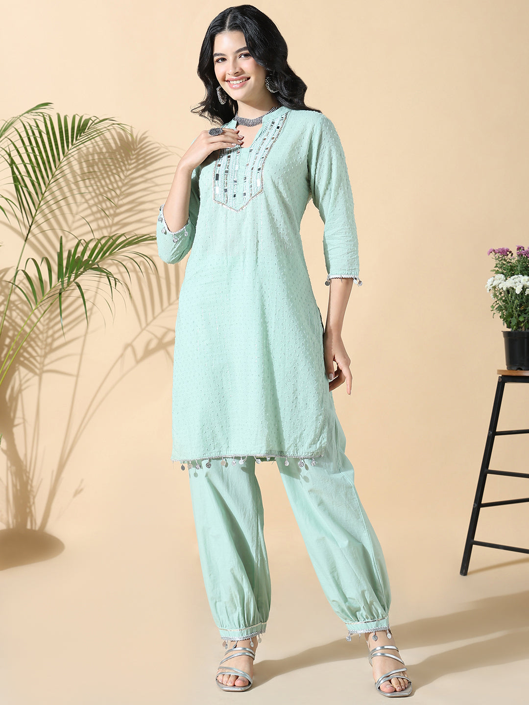 Women Solid Straight Mirror Work Green Kurta and Patiala Pant