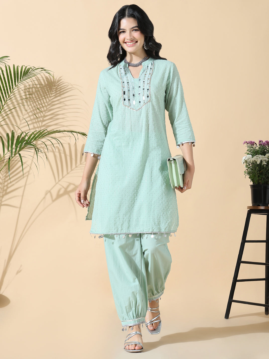 Women Solid Straight Mirror Work Green Kurta and Patiala Pant