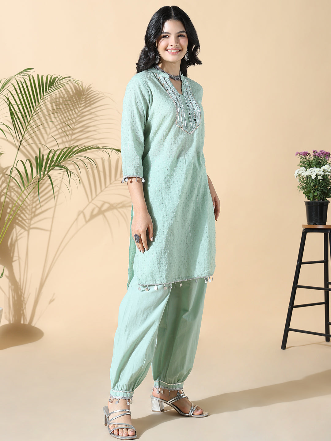 Women Solid Straight Mirror Work Green Kurta and Patiala Pant