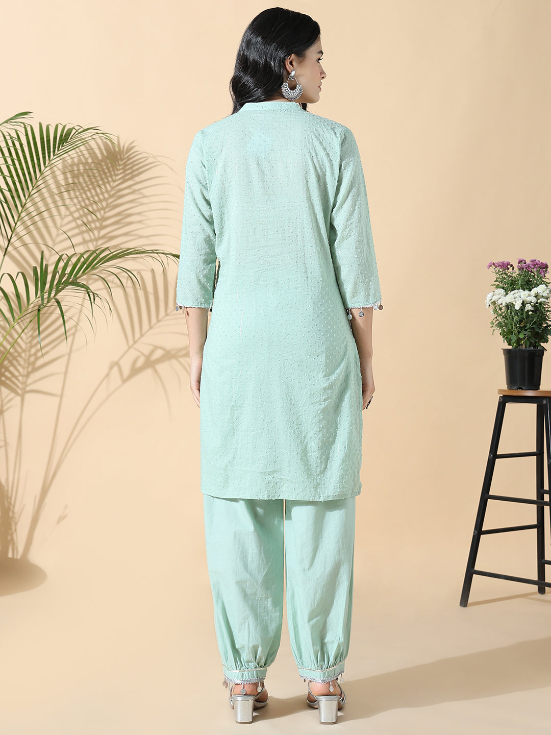 Women Solid Straight Mirror Work Green Kurta and Patiala Pant