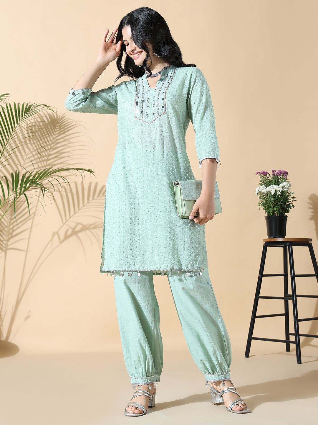 Women Solid Straight Mirror Work Green Kurta and Patiala Pant