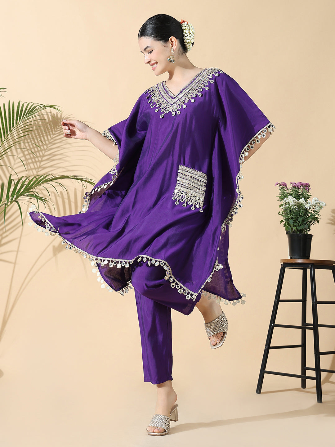 Women Solid Kaftan Mirror Work Purple Kurta Set