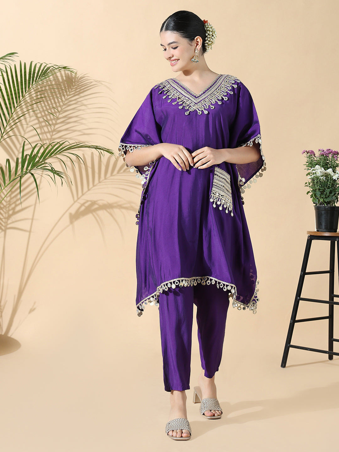 Women Solid Kaftan Mirror Work Purple Kurta Set