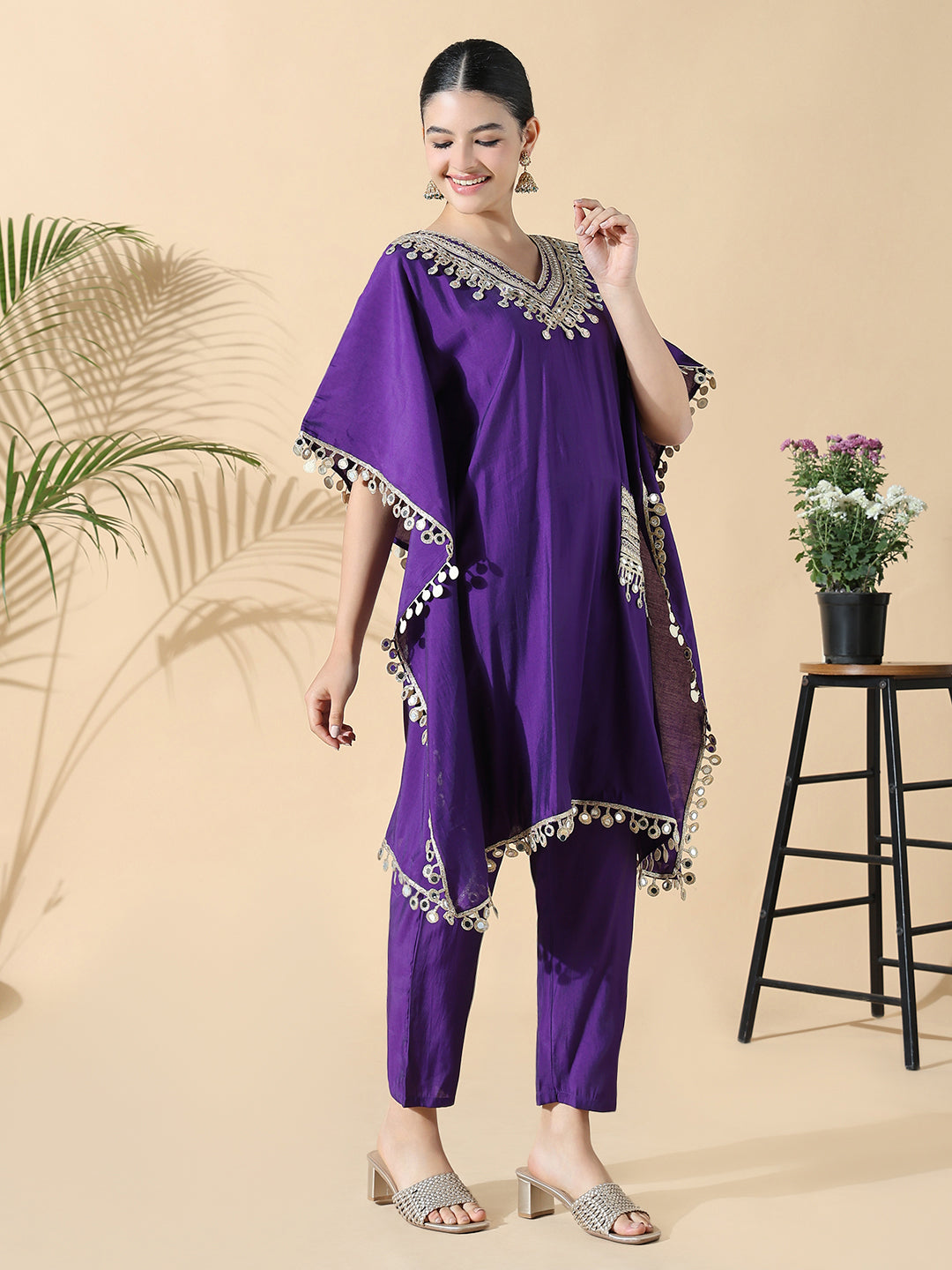 Women Solid Kaftan Mirror Work Purple Kurta Set