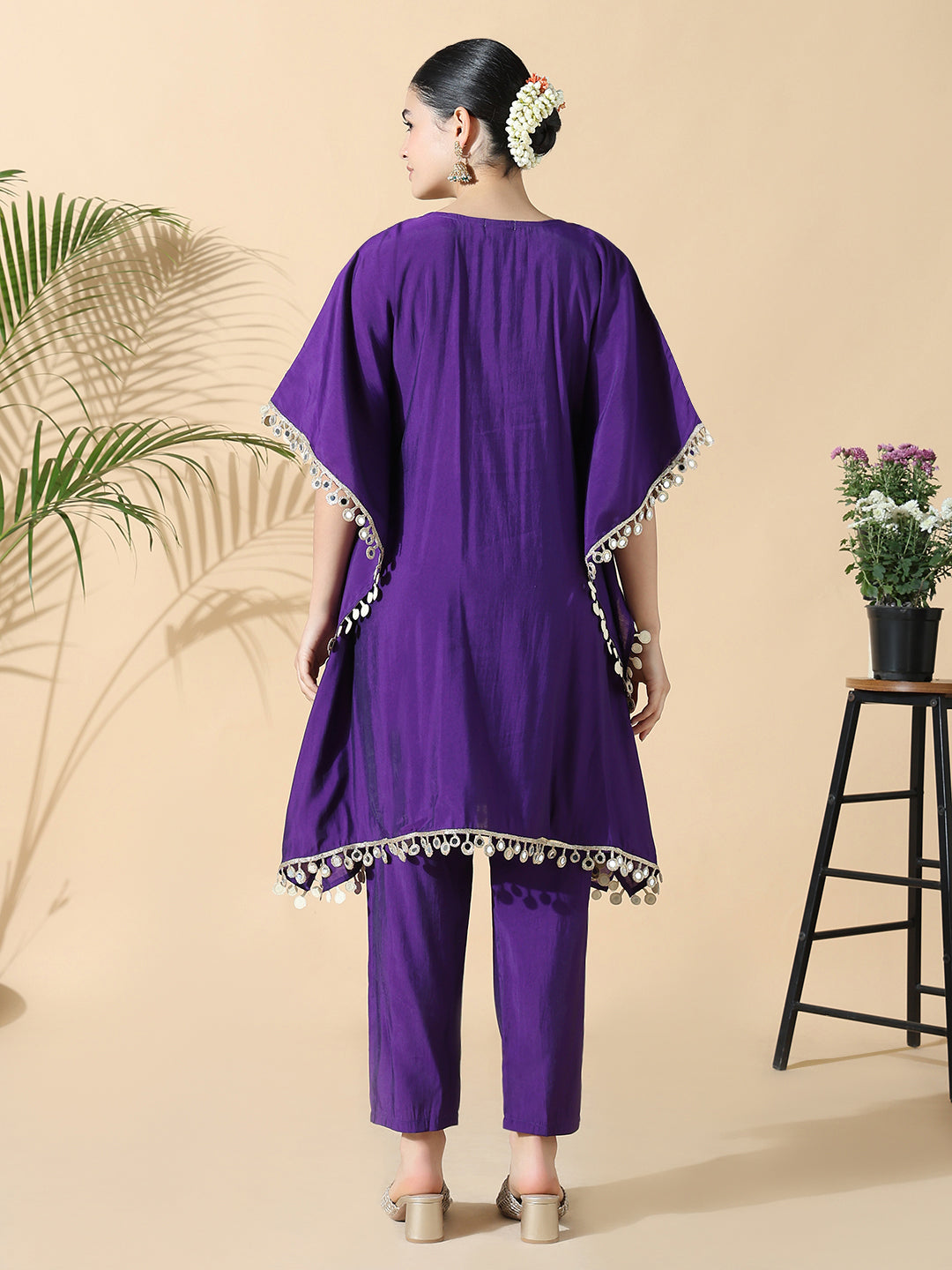 Women Solid Kaftan Mirror Work Purple Kurta Set