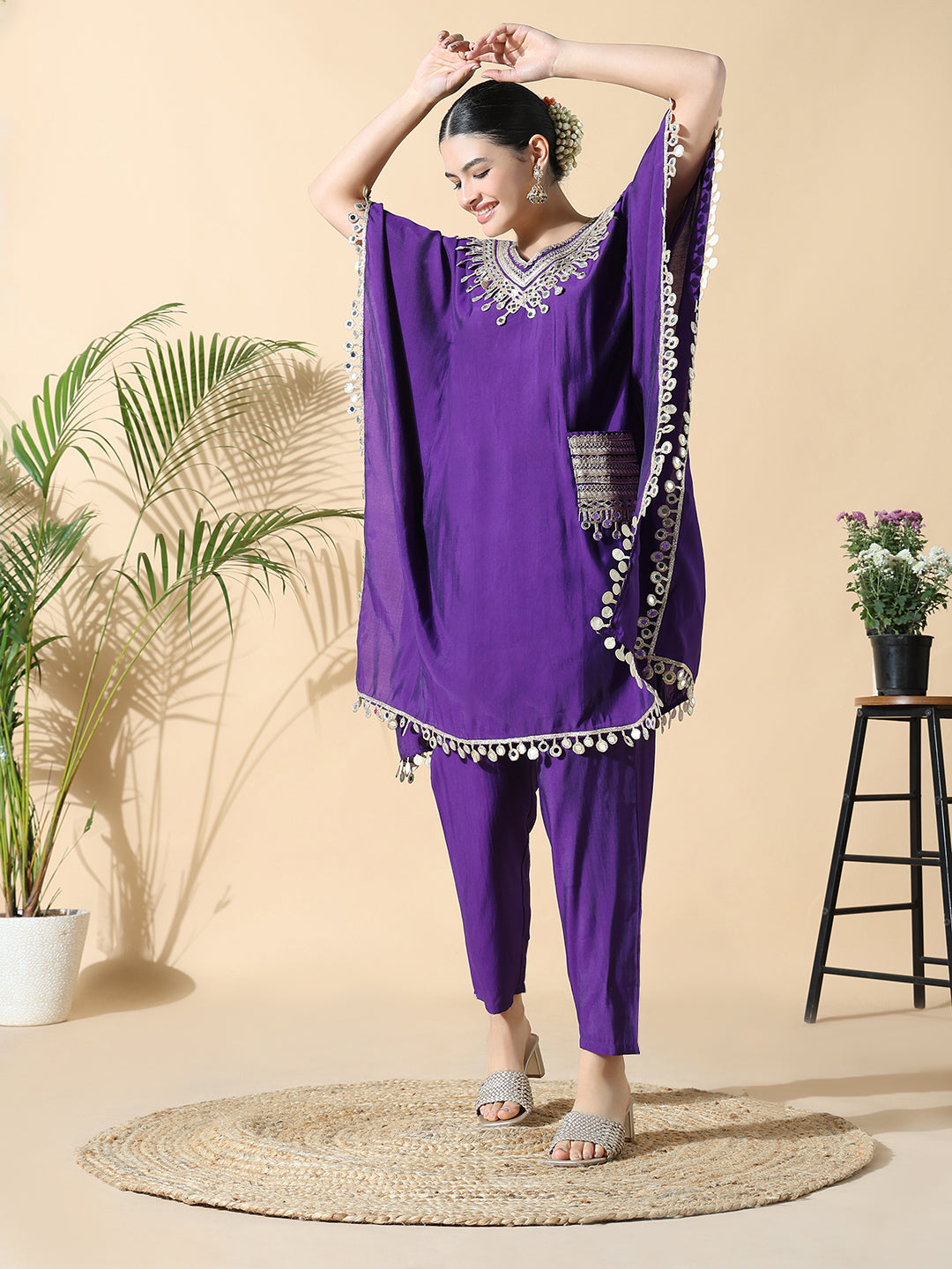 Women Solid Kaftan Mirror Work Purple Kurta Set