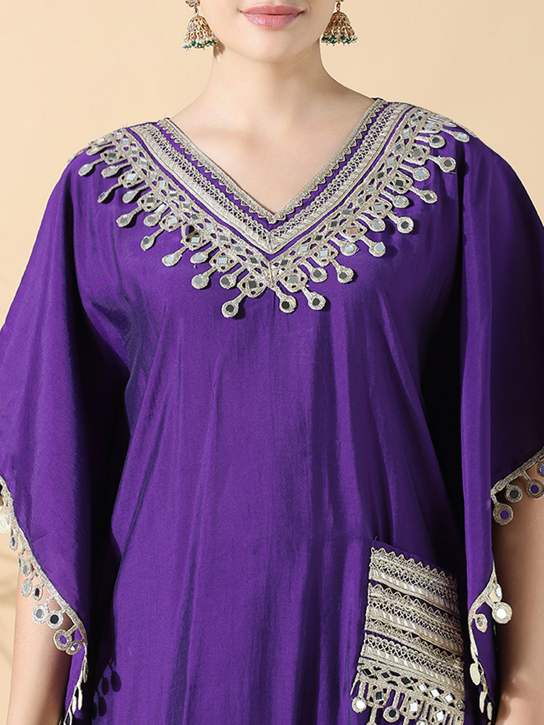 Women Solid Kaftan Mirror Work Purple Kurta Set