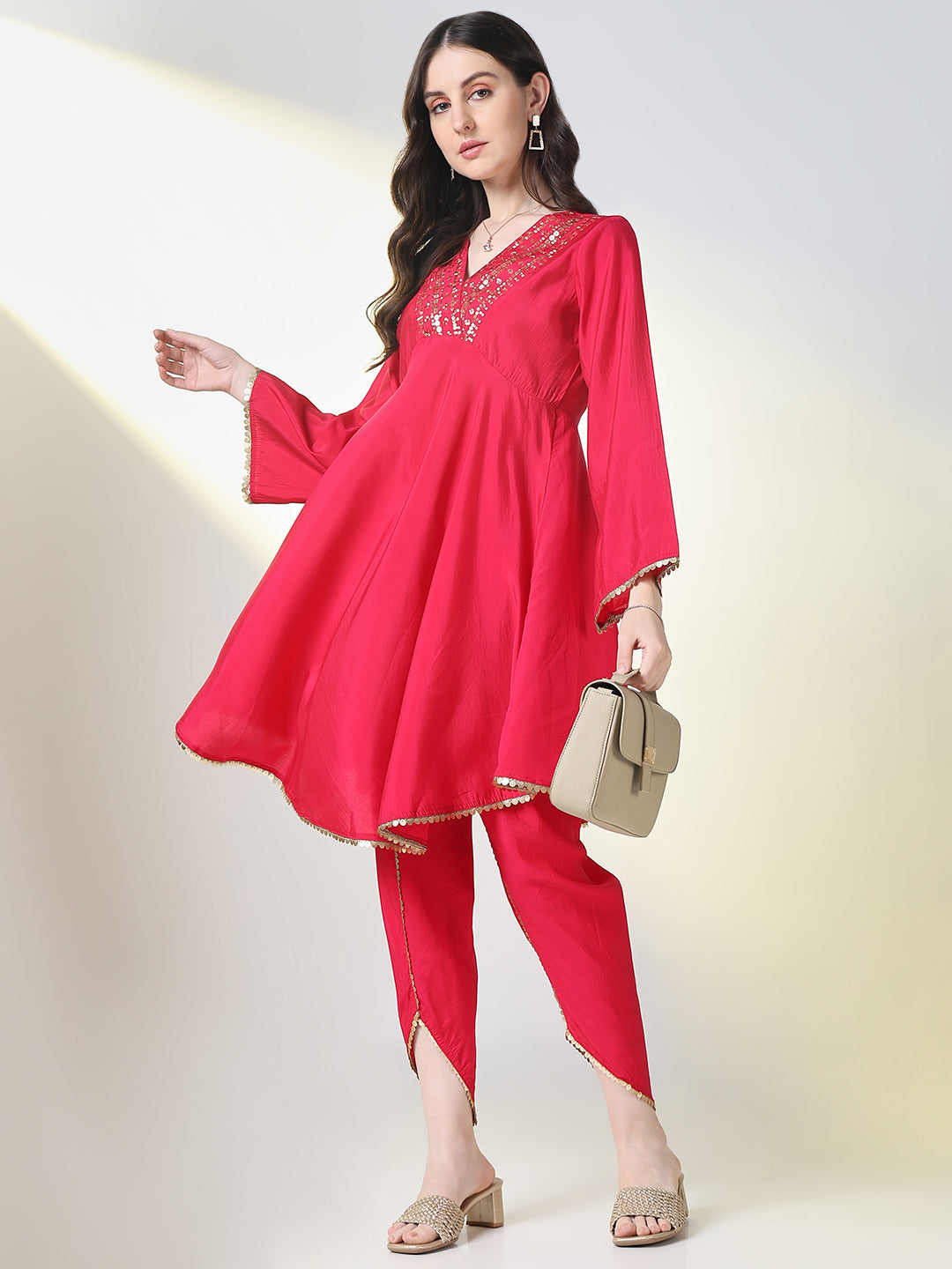 Women Pink Solid A Line Kurta Set