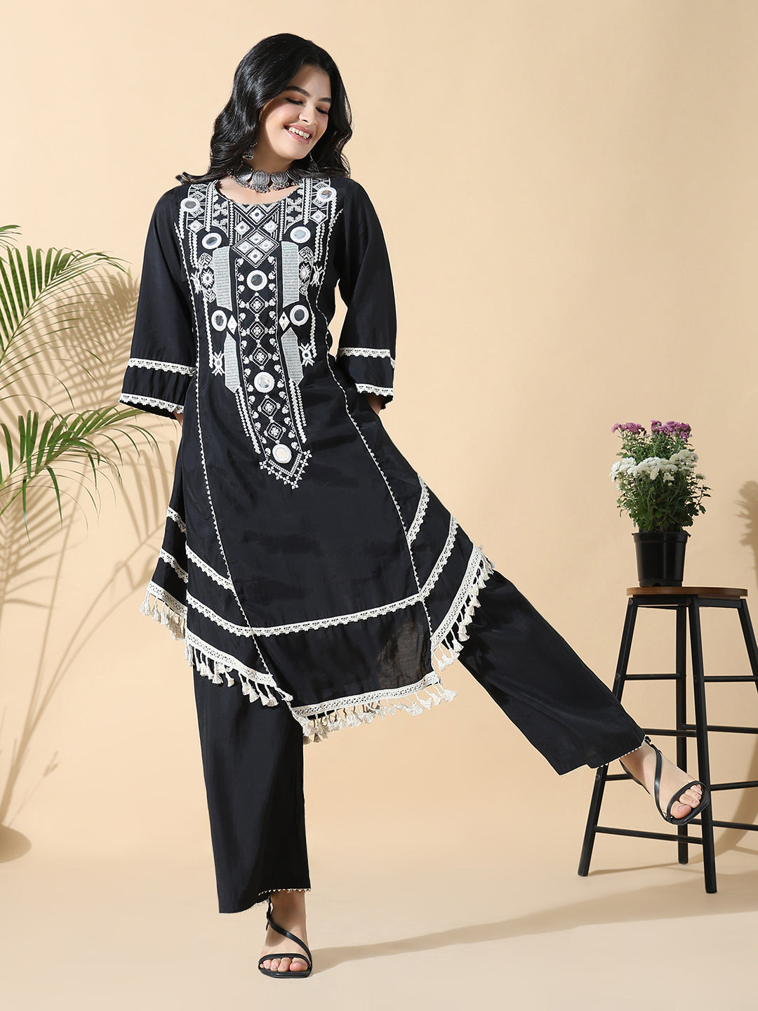 Women A-Line Mirror Work Black & White Kurta Set