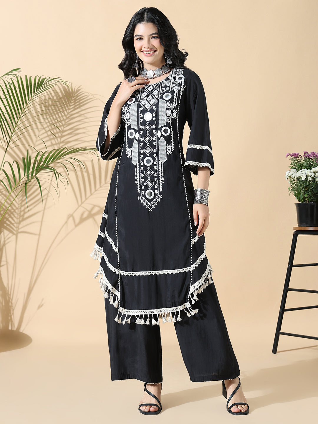 Women A-Line Mirror Work Black & White Kurta Set