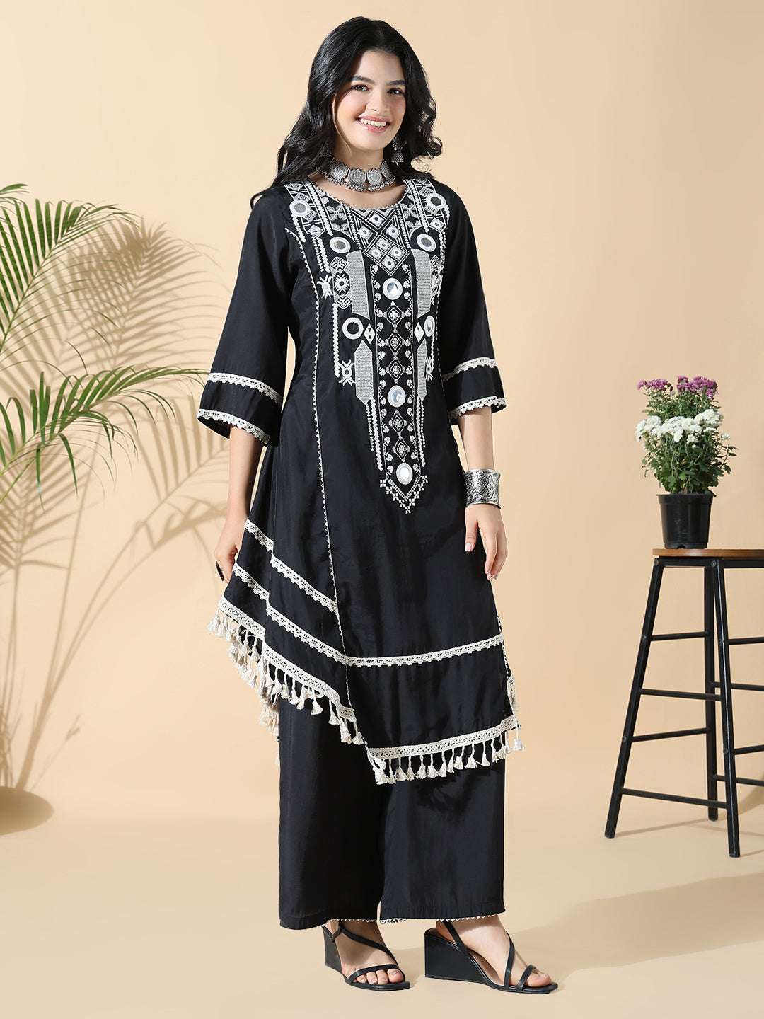 Women A-Line Mirror Work Black & White Kurta Set