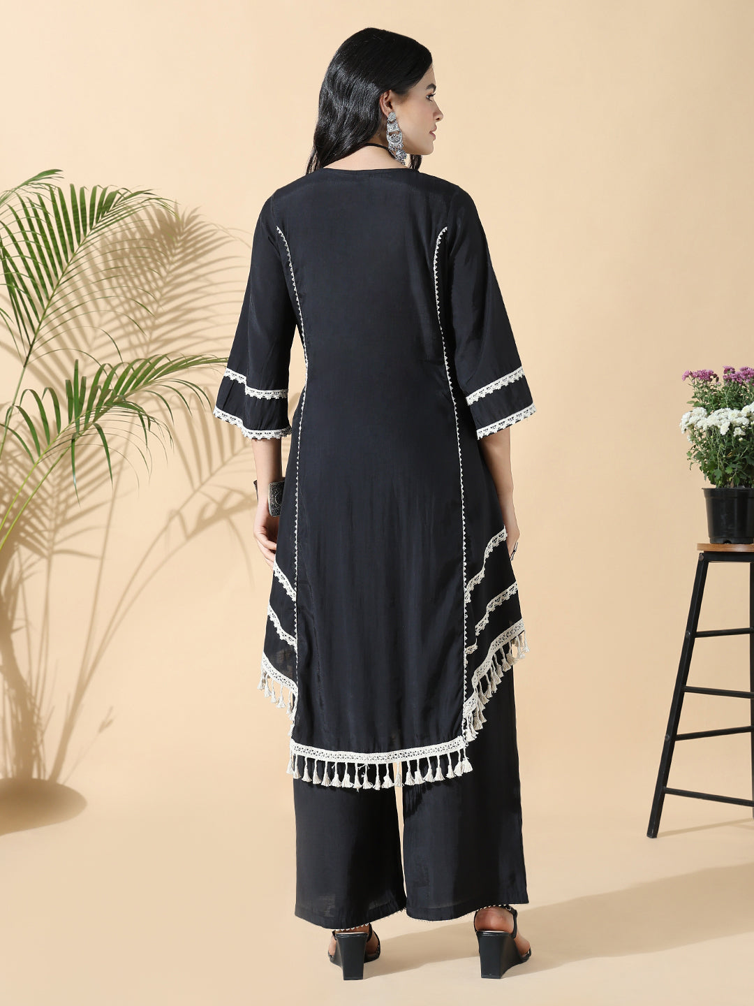 Women A-Line Mirror Work Black & White Kurta Set