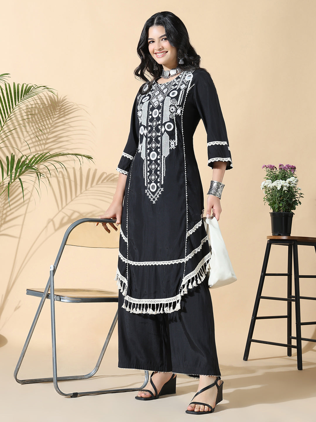 Women A-Line Mirror Work Black & White Kurta Set