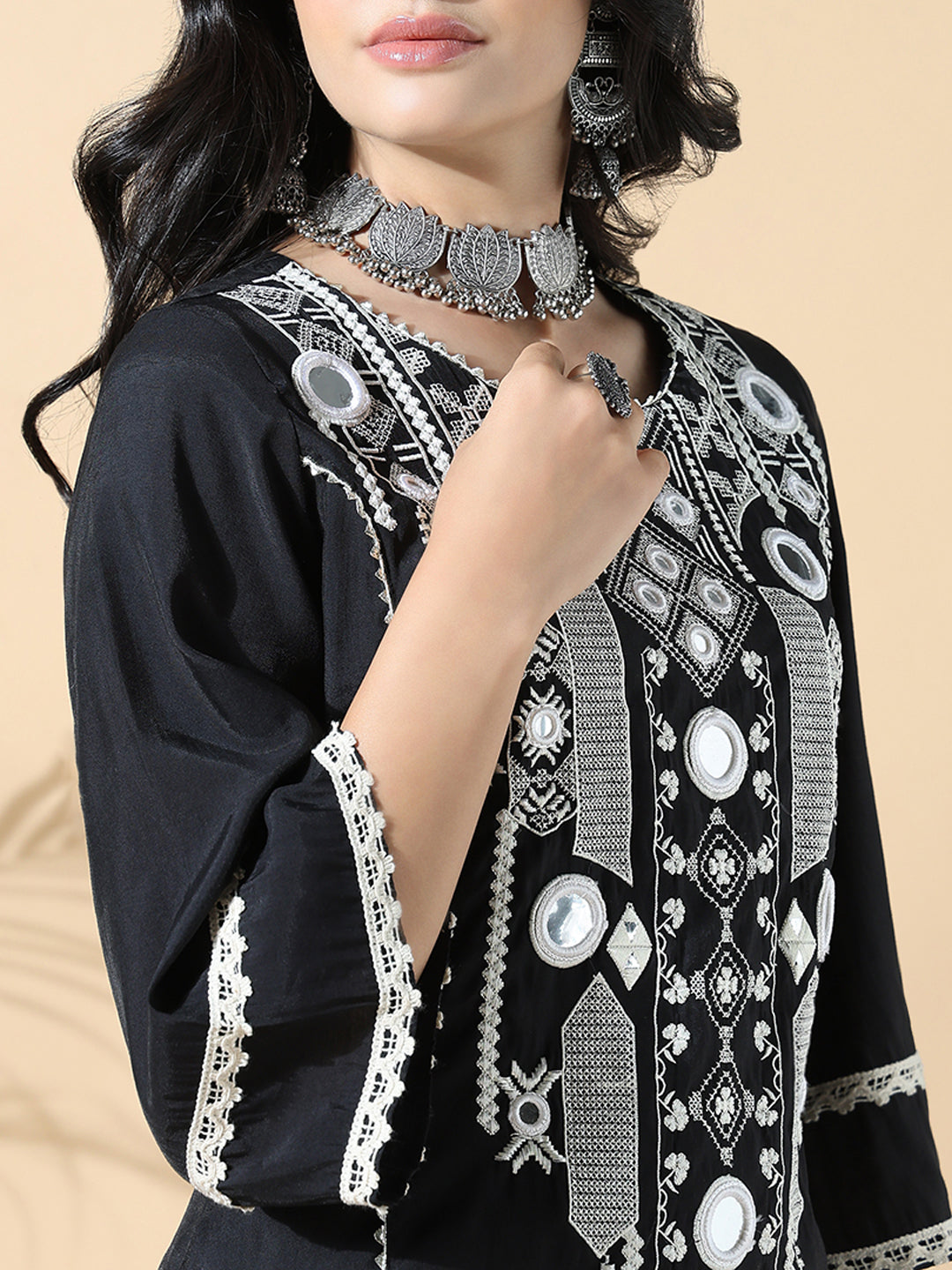 Women A-Line Mirror Work Black & White Kurta Set