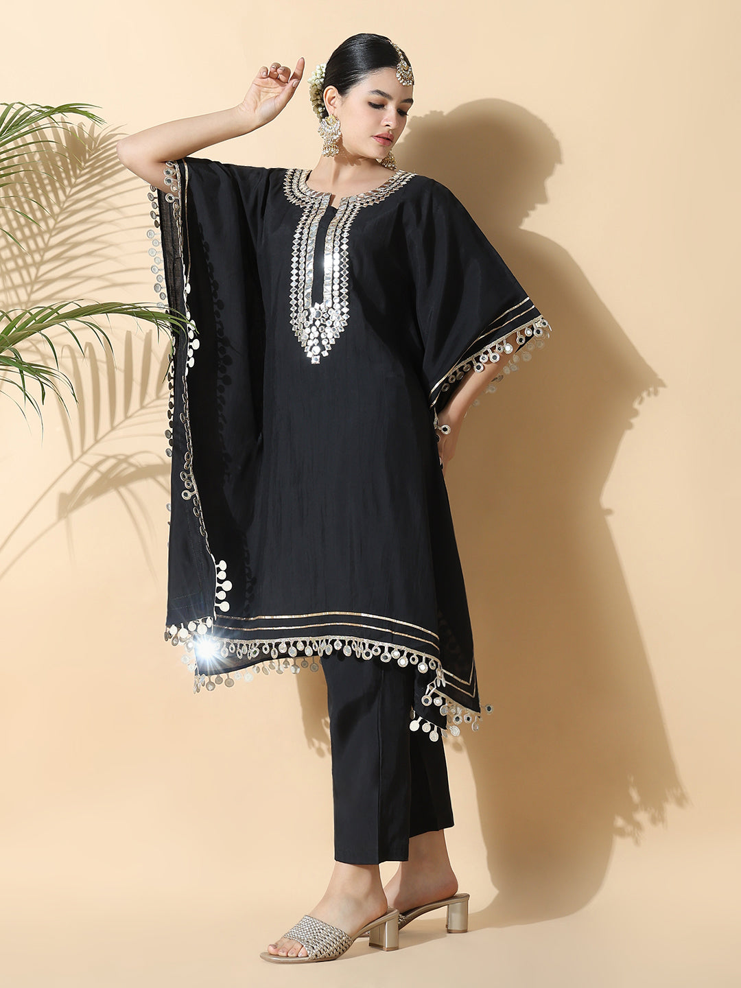 Women Solid Kaftan Mirror Work Black Kurta Set