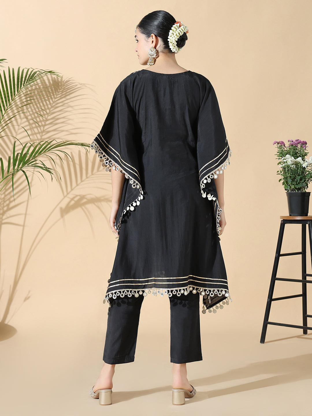 Women Solid Kaftan Mirror Work Black Kurta Set