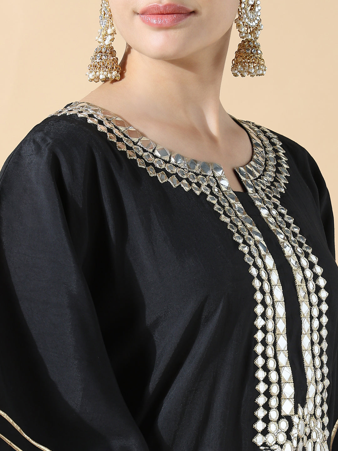 Women Solid Kaftan Mirror Work Black Kurta Set