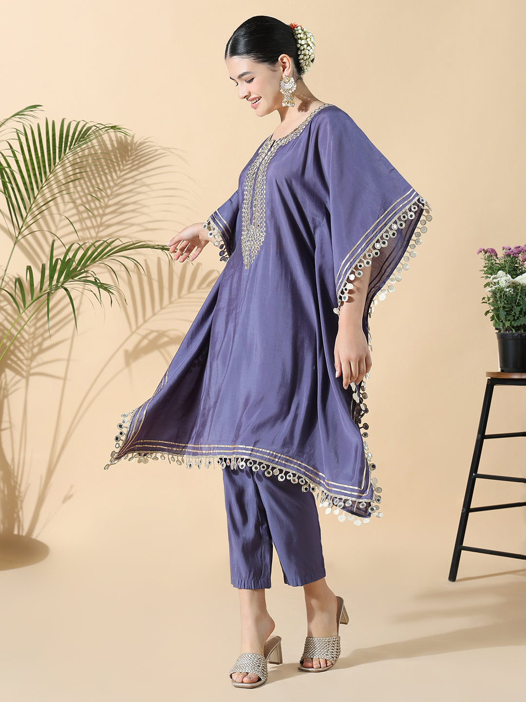 Women Solid Kaftan Mirror Work Purple Kurta Set