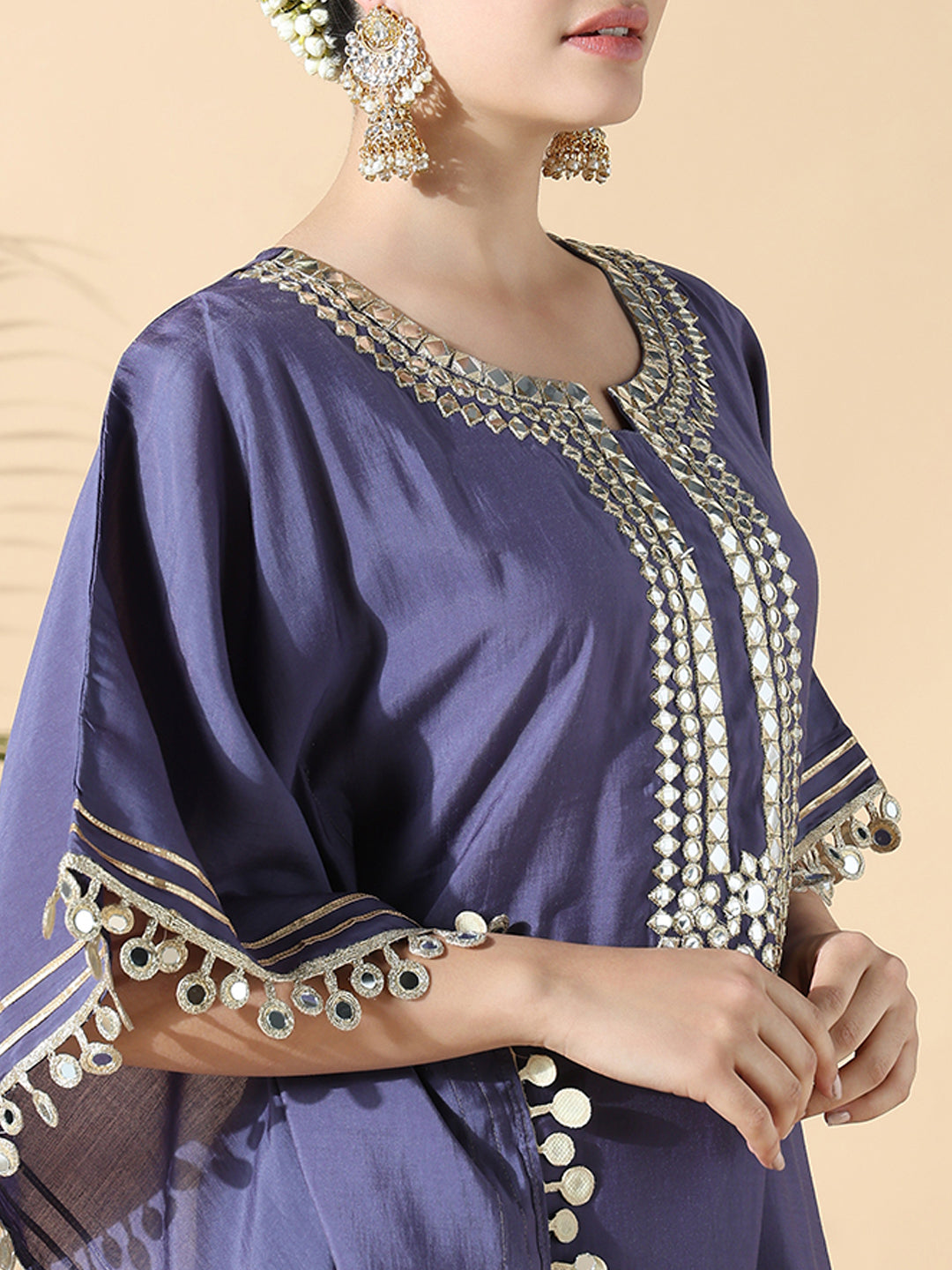 Women Solid Kaftan Mirror Work Purple Kurta Set