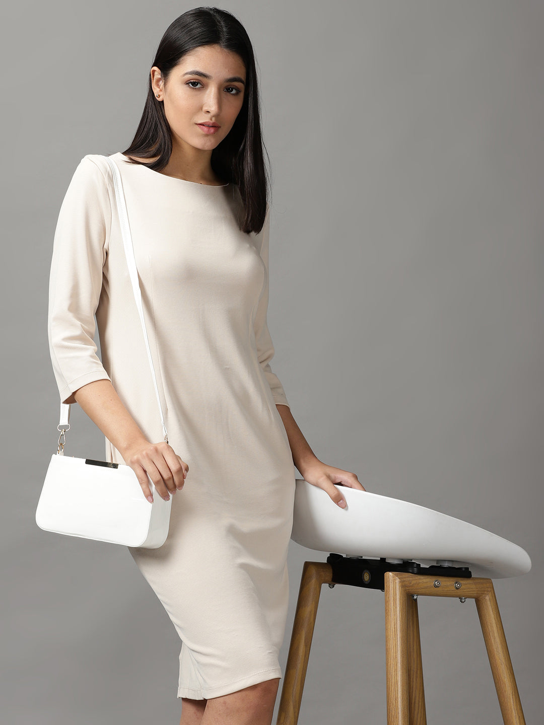 Women's Cream Solid Acrylic Bodycon Dress