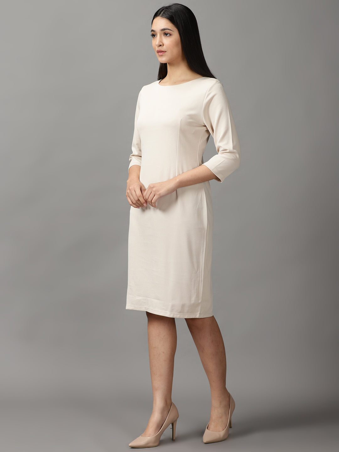 Women's Cream Solid Acrylic Bodycon Dress