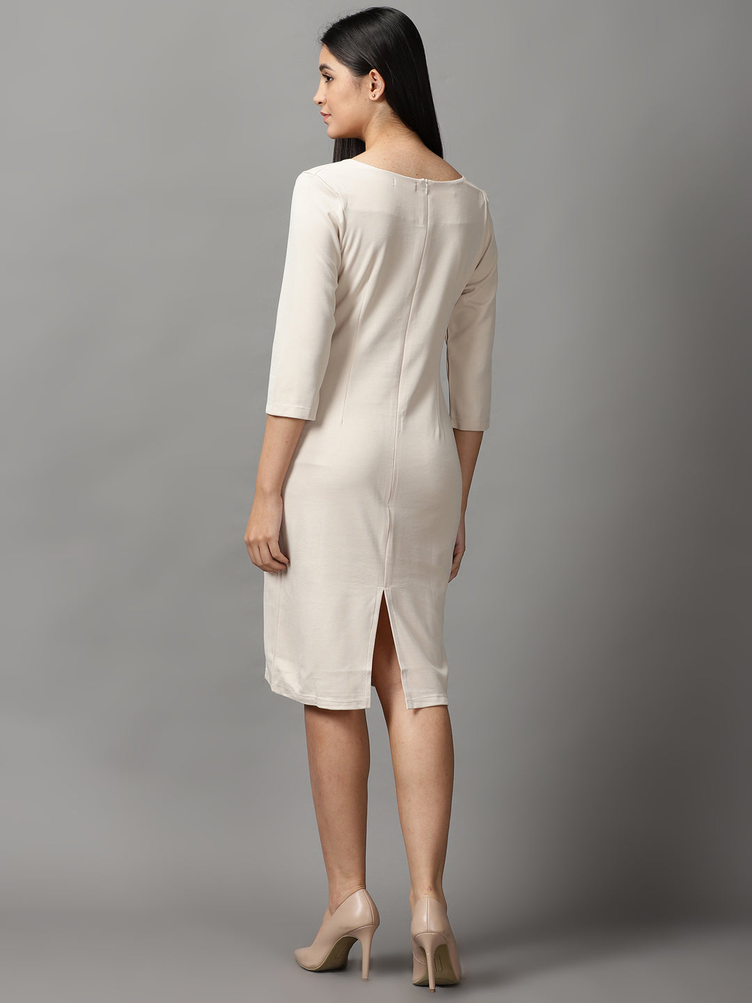 Women's Cream Solid Acrylic Bodycon Dress