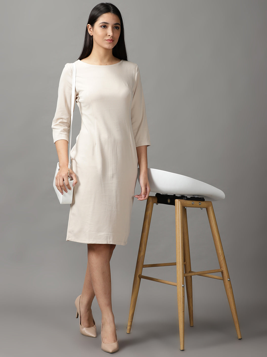 Women's Cream Solid Acrylic Bodycon Dress