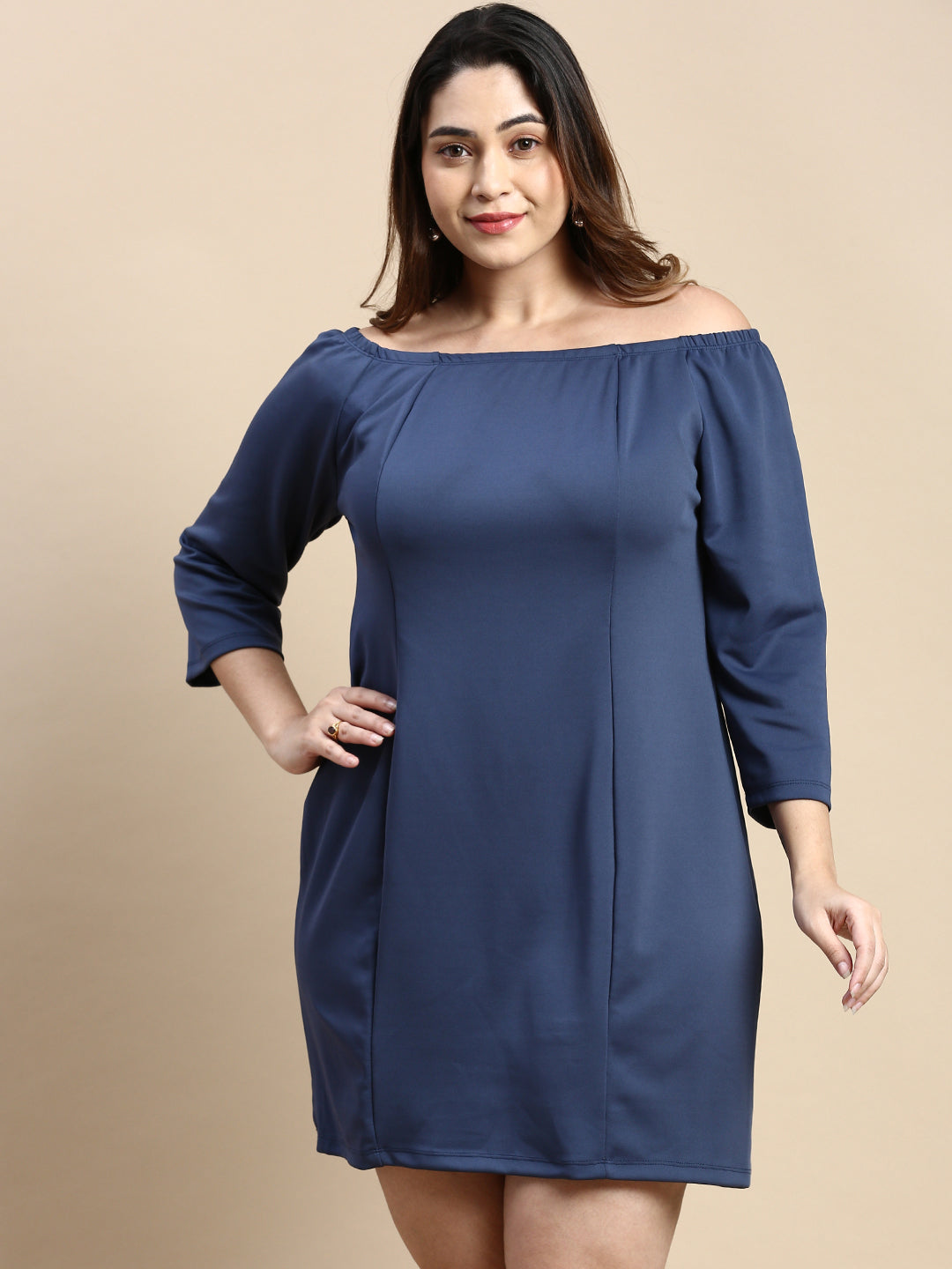 Women Navy Blue Solid A-Line Dress