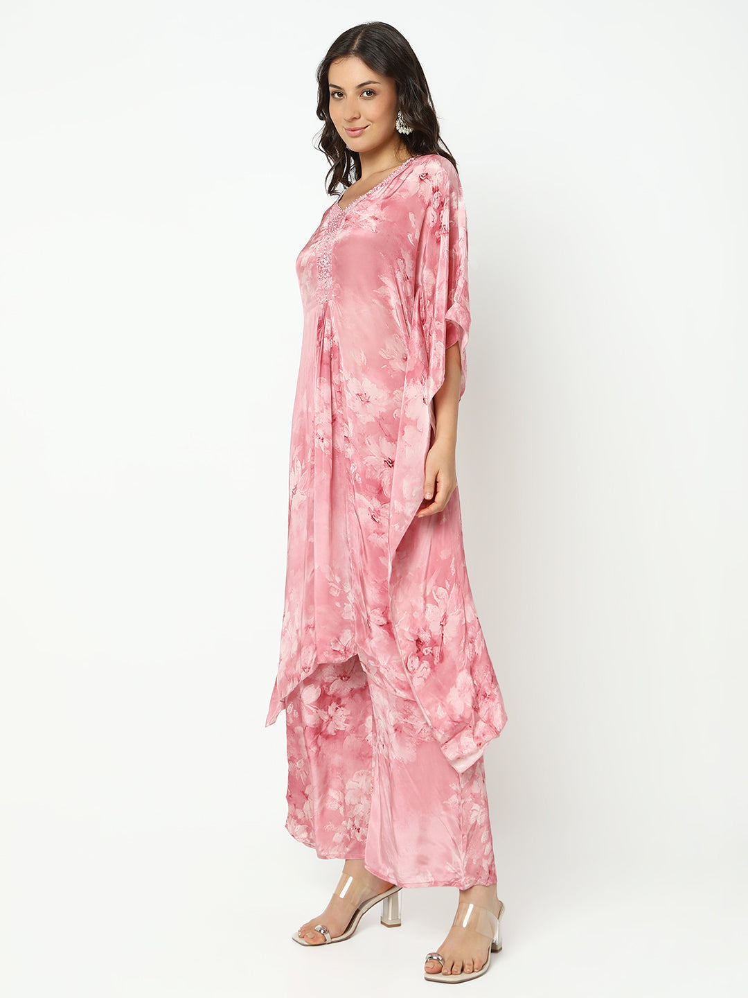 Women's Floral Pink Kaftan Kurta Set with Palazzo