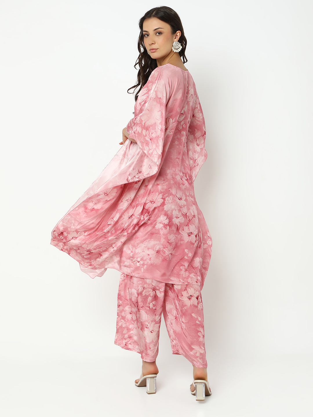 Women's Floral Pink Kaftan Kurta Set with Palazzo